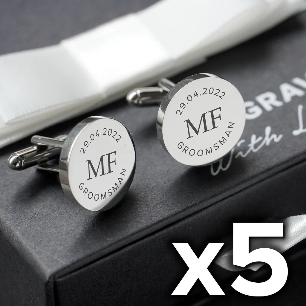 5 x Engravd Round Custom Cuff links : Groomsman sets
