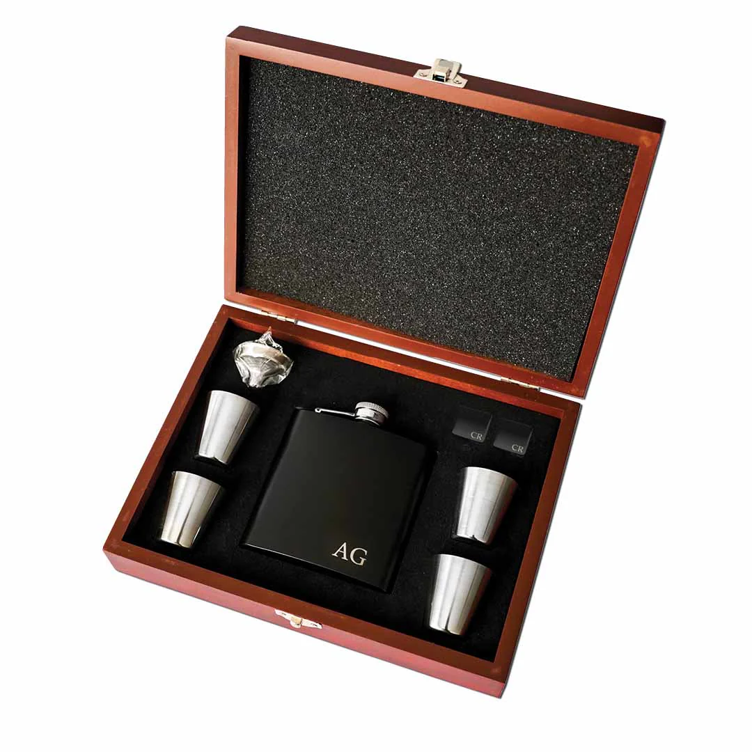 Premium Matte Black Hip Flask and Cuff Link set Giftbox